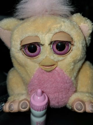 2005 Vintage Baby Furby Yellow Pink Brown Eyes Rare Emototronic Bottle