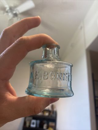 Rare W.  E.  Bonney Hannover Massachusetts Embossed Aqua Ink Bottle Cylinder Cone