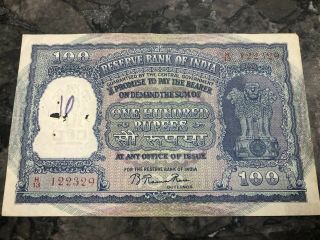 Number 2329 India 100 Rupees P43c 1957 Tiger Elephant Dam Xf Money Bill Rare Ban