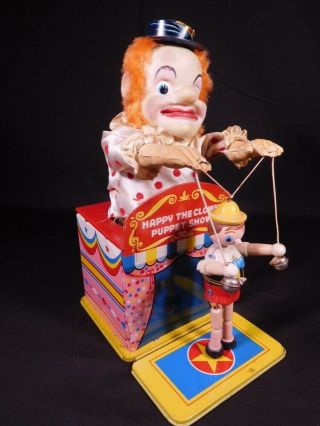Rare Vintage Tin Toy Yonezawa Happy The Clown Puppet Show Near