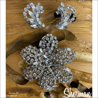 Sherman “flower” Brooch/earrings Crystal Swarovski.  Rare.