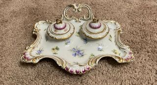 19th Century Antique French Porcelain Inkwells With Tray Hand Painted Rare