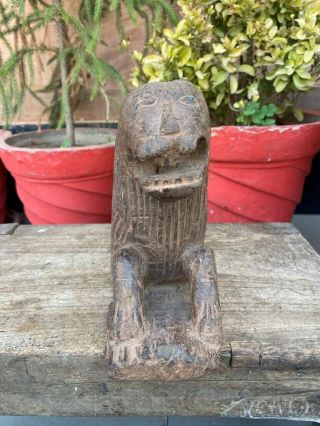 1800’s Ancient Old Wooden Fine Hand Carved Sitting Lion Figure Figurine Rare 5