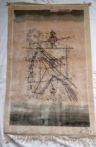 Rare Mid Century Turkish Silk On Cotton Wall Rug After Paul Klee Signed
