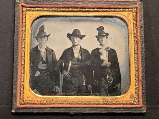Men In Hats,  Rare 3 Bros.  Hoodlums? Irishmen? 1/4 Plate Ambrotype In Frame