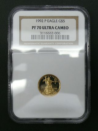 Rare Key Date 1992 - P Pf - 70 Ultra Cameo 1/10 Oz $5 Gold Eagle