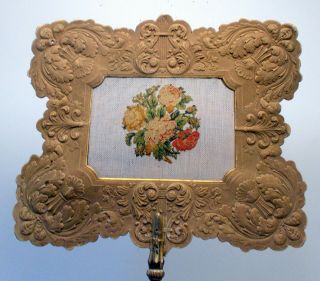 Rare Antique Victorian Fan Petit Point Needlepoint Flowers Rococo French