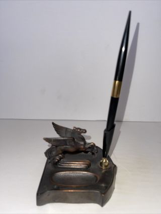 Rare Vintage Bronze Mobil Oil Gas Pegasus Executive Single Pen Holder Gasoline