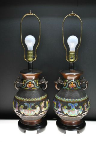 Rare Pair Vintage Frederick Cooper Bronze Enameled Oriental Table Lamps