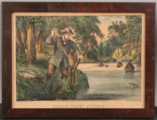 Rare 1872 Antique Currier & Ives Lithograph Print Brook Trout Fish Fishing