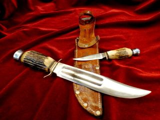 Rare 1950s Solingen Germany Stag Bone Bowie Hunting Knives 3 Pc Knife & Case Set