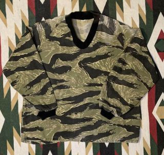 Rare Vintage 80s 90s Usa Military Tiger Stripe Camo Pullover Long Sleeve Shirt