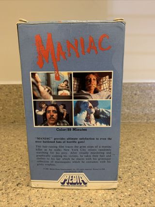 Maniac 1981 vhs horror MEDIA WHITE STRIPE Rare HTF Gore Blood Sleaze Joe Spinell 2