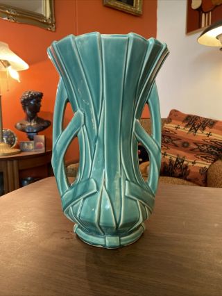 Rare 12 - 3/8 " Vase Mccoy Pottery Aqua / Turquoise Green Double Handle Reed Strap
