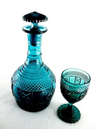 Rare 19th C Baccarat Crystal Glass Turquoise Blue Decanter & Matching Goblet