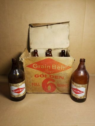 Vintage Grain Belt Beer Golden Box 6 Full Quarts 32oz With Bottles Empty Rare