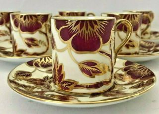 Rare Vintage 6 - Piece Set Shelley Mocha Cups And Saucers Burgandy Flowers & Gold