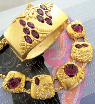 Vtg Runway Rare Monet Rhinestone Purple Cab Gilt Necklace Bracelet Couture Exc