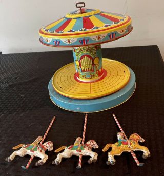 Chein Playland Merry - Go - Round Carousel Horses Tin Toy Windup Rare Parts Only