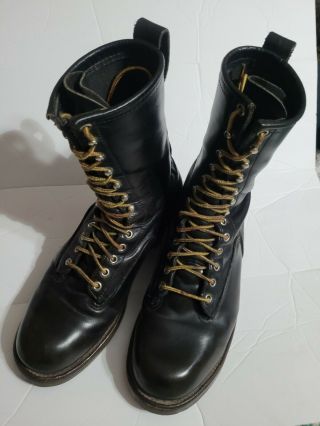 Rare Vintage 1970s Red Wing Green Sole Black Leather Lineman Logger Boots 10.  5 E