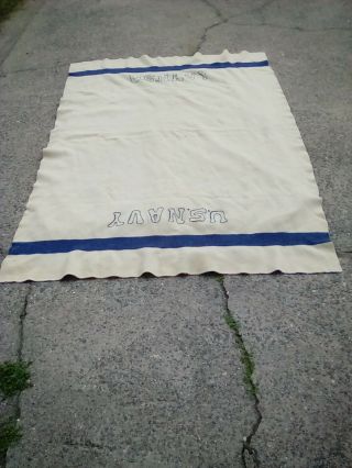 Rare Vintage Ww2 U.  S.  Navy Wool Throw Blanket Cream With Blue Stripe 55 " X 78 "