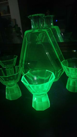 Rare Teal Uranium Glass Art Deco Decanter Stem Glasses Czech Moser ? Liquor Set