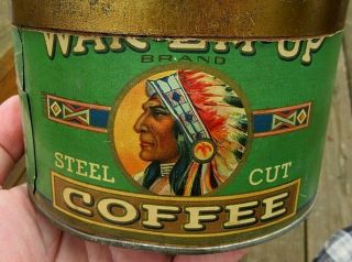 VINTAGE VERY RARE 1 POUND WAK EM UP COFFEE TIN CAN WITH INDIAN CHIEF DULUTH,  MN 2