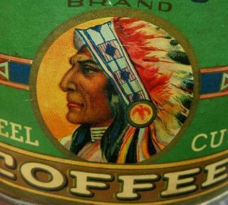 VINTAGE VERY RARE 1 POUND WAK EM UP COFFEE TIN CAN WITH INDIAN CHIEF DULUTH,  MN 3