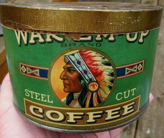 VINTAGE VERY RARE 1 POUND WAK EM UP COFFEE TIN CAN WITH INDIAN CHIEF DULUTH,  MN 5