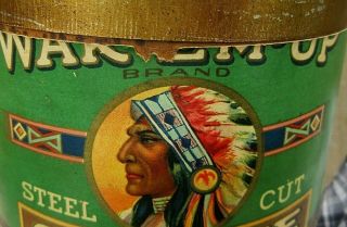 VINTAGE VERY RARE 1 POUND WAK EM UP COFFEE TIN CAN WITH INDIAN CHIEF DULUTH,  MN 6