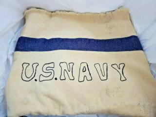 Rare Vintage Ww2 U.  S.  Navy Wool Throw Blanket Cream With Blue Stripe 55 " X 78 "