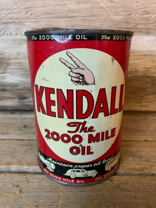 Rare Vintage Kendall 2000 Mile Oil Metal 1 Qt.  Motor Oil Can Empty Gas Oil
