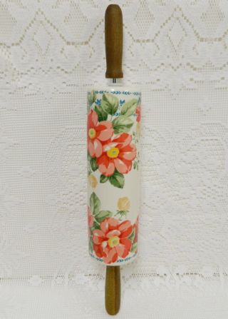 Rare Pioneer Woman Vintage Floral Ceramic Rolling Pin W/ Acacia Wood Handles