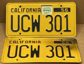 Rare Pair 1956 Dmv Clear Ucw 301 (california) Car License Plate - Vintage