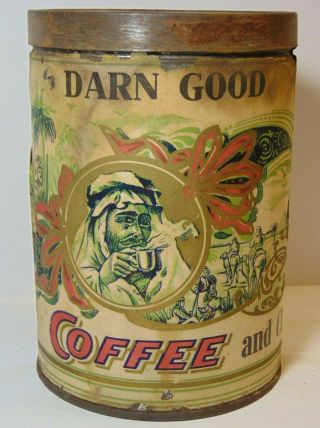 Rare Old Vintage 1920s DARN GOOD COFFEE TIN GRAPHIC 1 POUND CAN NORFOLK VIRGINIA 2