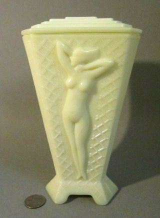 Rare Mckee Art Deco Nude Seville Yellow Uranium Glass 8 " Jar Urn Vase W/ Lid