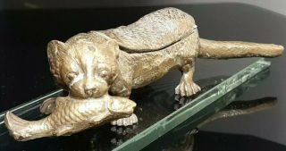 Arthur Court Designs Rare Cast Brass Otter holding Fish Box Heavy Very Ornate 2