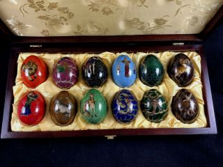 Vintage Cloisonne Zodiac Eggs By Robert Kuo Ltd Wooden Case Set Of 12 Rare
