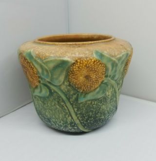 Vintage Antique Roseville Pottery " Sunflower " Rare Size Vase 5in 1930s - Cracked -