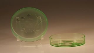 Rare Vintage Tiffin Glass 14407 Satin Green Petri Dish Floral Cut Lid c.  1930 2