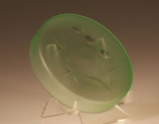 Rare Vintage Tiffin Glass 14407 Satin Green Petri Dish Floral Cut Lid c.  1930 3