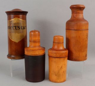 Rare Antique Apothecary Pharmacy Wood Treenware Bottle Case & Medicine Jar