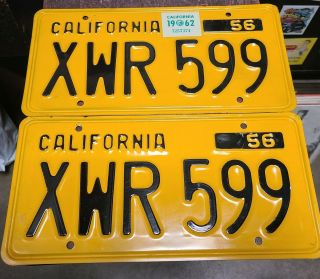 Rare Pair 1956 Dmv Clear Xwr 599 California Car License Plates Vintage