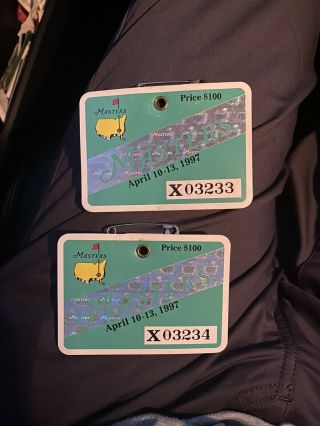 (2) 1997 Masters Golf Badges Collectors Item Very Rare Tickets Tiger Woods