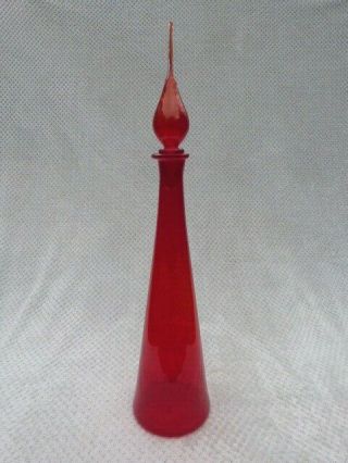 Large Rare Vintage Empoli Italian Style Hand Blown Red Glass Genie Bottle.