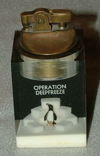 Rare Us Navy Operation Deep Freeze Antarctica Brass Lighter Lucite Block Penguin
