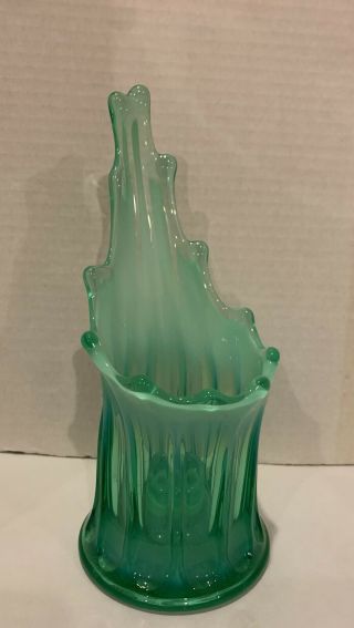 Vintage Fenton Swung Green Opalescent Glass Vase Candle Holder Rare