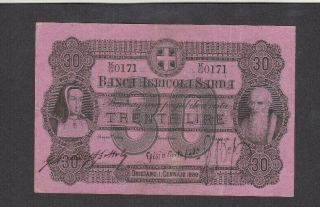 30 Lire Very Fine Banknote From Sardinia/italy 1880 Pick - S921 Rare