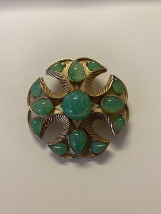 Rare Stunning Crown Trifari Jewels Of India Jade Glass Brooch
