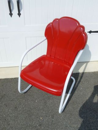Rare Vintage Metal Clam Shell Chair Lawn - Calument - 1930s Red 1 Of 2